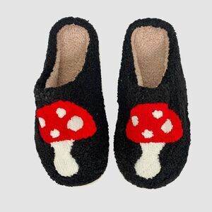 Cottage Core Black Red White Mushroom Fuzzy Soft Slipper / Loafers US 10